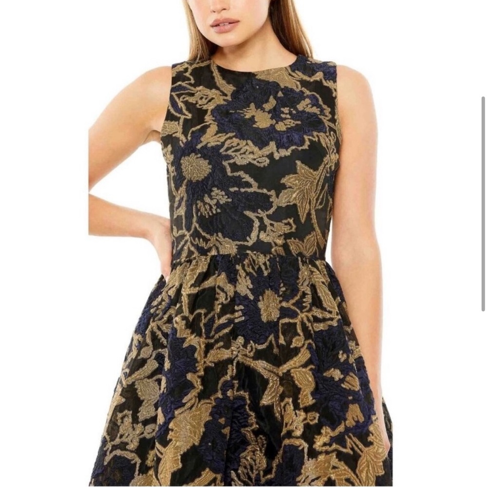NEW NWT Mac Duggal Cocktail Dress Gown Blue Gold Brocade Size 10 Ruffle - Picture 3 of 15